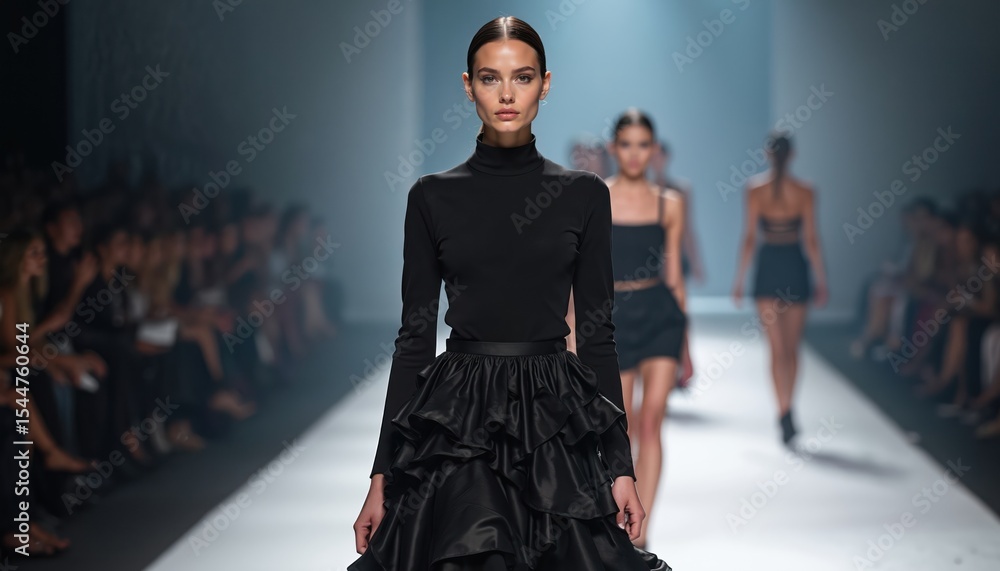 Obraz premium Model wears black top ruffled skirt at fashion show. Woman walks runway. Fashion event. Audience watching. Stylish outfit for catwalk show, presentation. Glamour, elegance. Designer clothing
