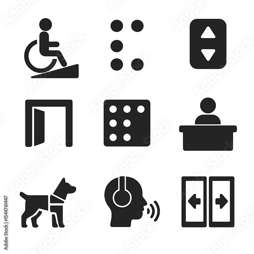 Accessible Design Icons. Solid, filled icons set of accessible architecture design: wheelchair ramp, braille