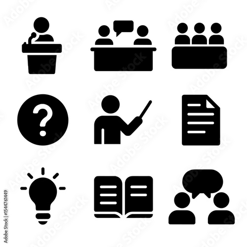Academic Icons Grid. Solid, filled icons set of academic discussion: podium, discussion panel, audience seat,