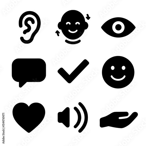 Active Listening Icons. Solid, filled icons set of active listening: ear icon, nodding head, open eyes, reply