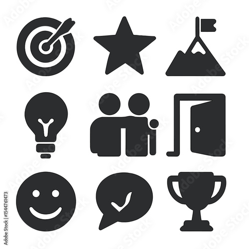 Achievement Icons Grid. Solid, filled icons set of self-confidence and achievement: target icon, star icon, mountain peak, lightbulb, positive words, supportive friend, open door, smile icon, trophy.