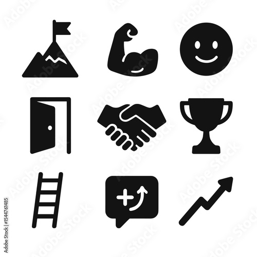 Achievement Icons Grid. Solid, filled icons set of overcoming challenges: mountain icon, strong arm, positive attitude, trophy, open door, 