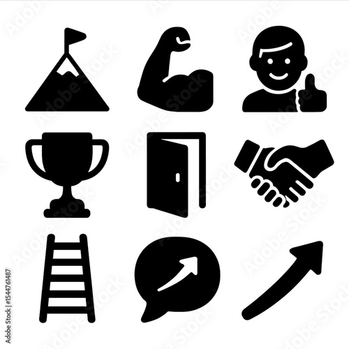 Achievement Icons Grid. Solid, filled icons set of overcoming challenges: mountain icon, strong arm, positive attitude, trophy, open door,