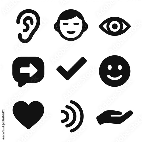 Active Listening Icons. Solid, filled icons set of active listening: ear icon, nodding head, open eyes, reply