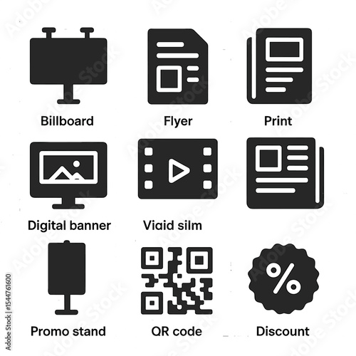 Advertising Icons Grid. Solid, filled icons set of advertising materials: billboard, flyer, media kit, digital