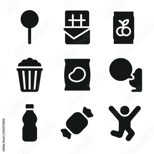 After-School Treat Icons. Solid, filled icons set of after-school treat favorites: candy stick, chocolate bar,