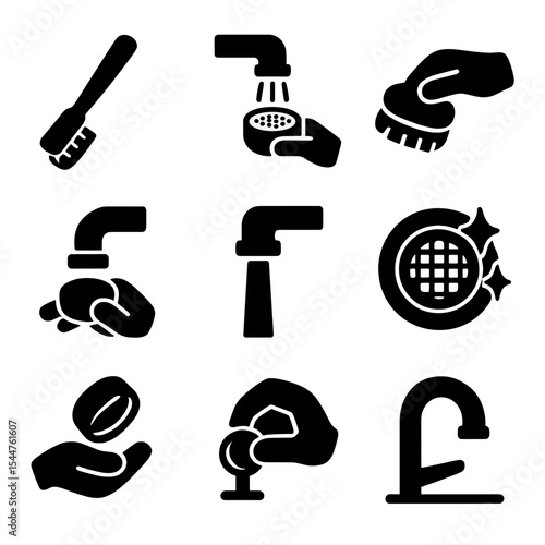 Aerators Maintenance Icons. Solid, filled icons set of maintaining and cleaning aerators: cleaning brush,