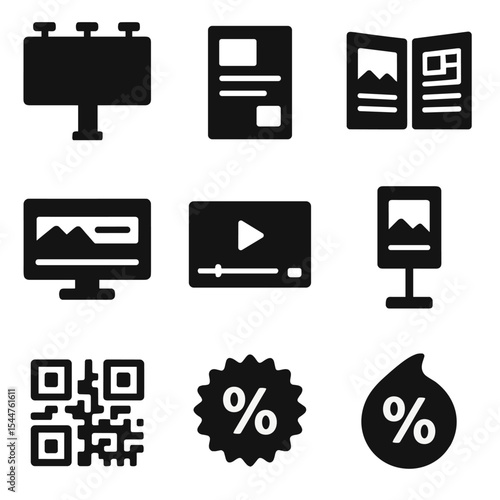 Advertising Icons Grid. Solid, filled icons set of advertising materials: billboard, flyer, media kit, digital