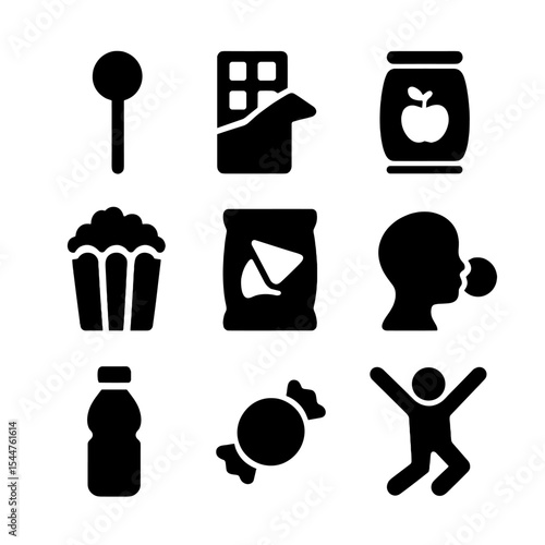 After-School Treat Icons. Solid, filled icons set of after-school treat favorites: candy stick, chocolate bar,