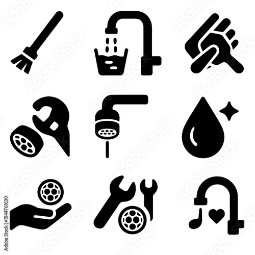 Aerators Maintenance Icons. Solid, filled icons set of maintaining and cleaning aerators: cleaning brush,