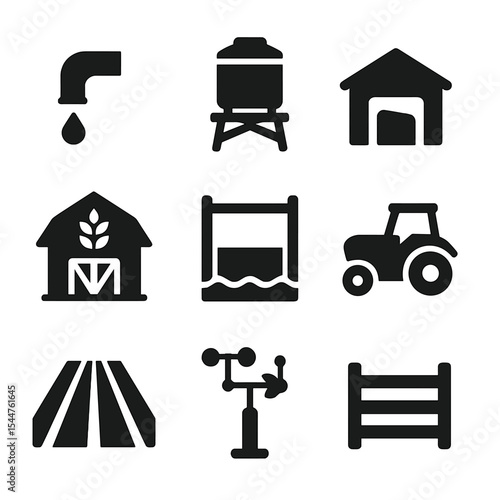Agricultural Infrastructure Icons. Solid, filled icons set of agricultural infrastructure: irrigation pipe,