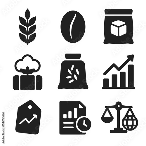 Agricultural Commodity Icons. Solid, filled icons set of agricultural commodity exchange: wheat icon, coffee