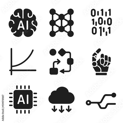 AI Basics Icons. Solid, filled icons set of artificial intelligence basics: AI brain, neural network, data