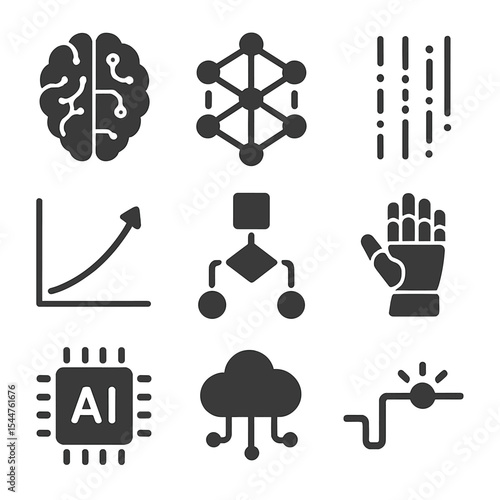 AI Basics Icons. Solid, filled icons set of artificial intelligence basics: AI brain, neural network, data