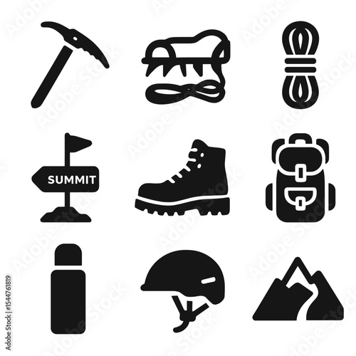 Alpine Adventure Icons. Solid, filled icons set of alpine adventures: ice axe, crampons, rope coil, summit