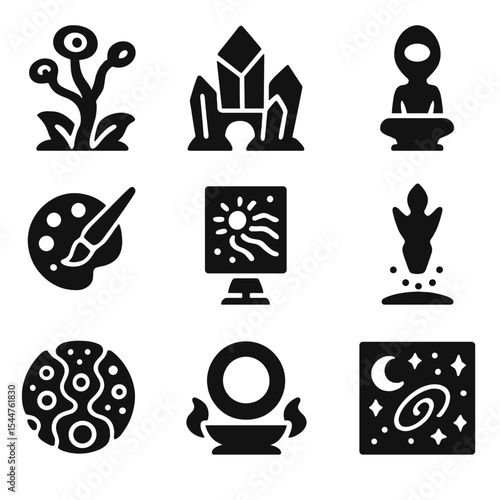 Alien World Icons. Solid, filled icons set of alien world aesthetics: alien flora, crystalline architecture,