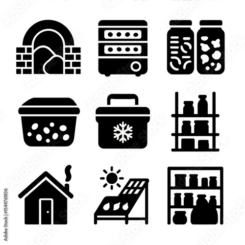 Alternative Food Storage Icons. Solid, filled icons set of alternative food storage: root cellar, food