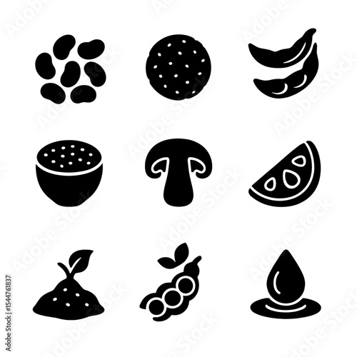 Alternative Protein Icons. Solid, filled icons set of alternative protein sources: black beans, lentil patty,