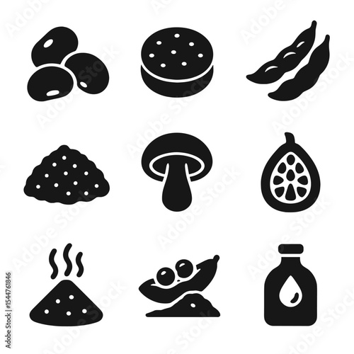 Alternative Protein Icons. Solid, filled icons set of alternative protein sources: black beans, lentil patty,