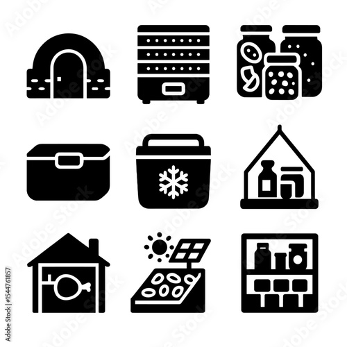 Alternative Food Storage Icons. Solid, filled icons set of alternative food storage: root cellar, food