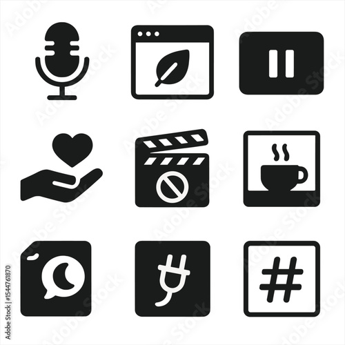 Anti-Hustle Digital Icons. Solid, filled icons set of digital content on anti-hustle: podcast mic, slow living