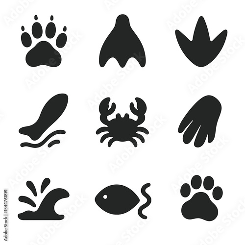 Aquatic Animal Imprint Icons. Solid, filled icons set of aquatic animal imprints: otter paw, seal fin mark,