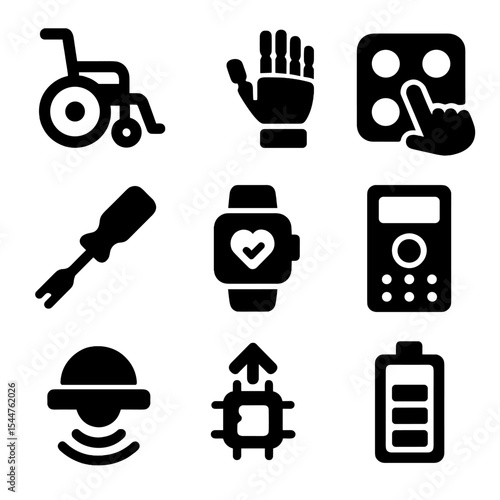 Assistive Technology Icons. Solid, filled icons set of assistive technology development: mobility aid, bionic