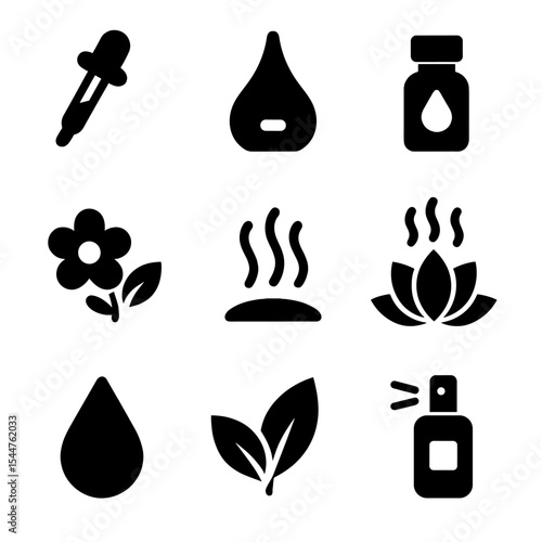 Aromatherapy Icon Set. Solid, filled icons set of essential oils and aromatherapy: oil dropper, scent diffuser
