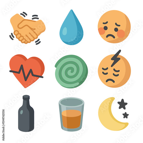 Addiction Warning Icons. Isometric Flat icon set of addiction warning signs: shaking hands, sweating droplet, flushed face, heart