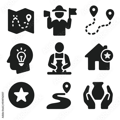 Artisan Tour Icons. Solid, filled icons set of guided artisan tours and trails: map icon, tour guide, marked