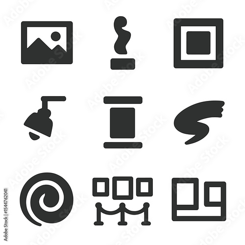 Art Gallery Icons. Solid, filled icons set of local art gallery highlights: painting icon, sculpture icon,