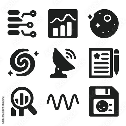 Astronomy Icon Grid. Solid, filled icons set of astronomical data collection: data stream, light spectrum,