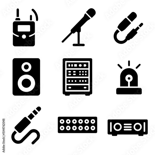 Audio Equipment Icons. Solid, filled icons set of backstage audio equipment: wireless mic pack, boom mic, XLR