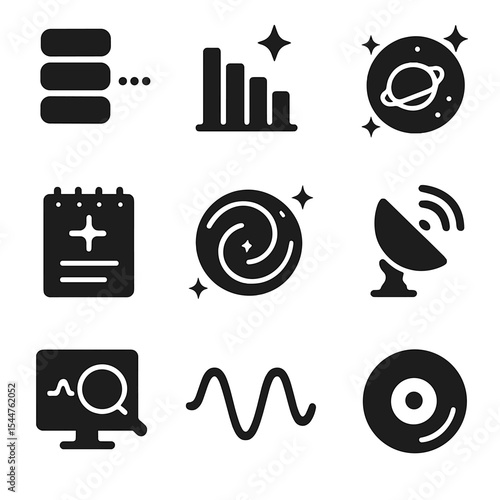 Astronomy Icon Grid. Solid, filled icons set of astronomical data collection: data stream, light spectrum,