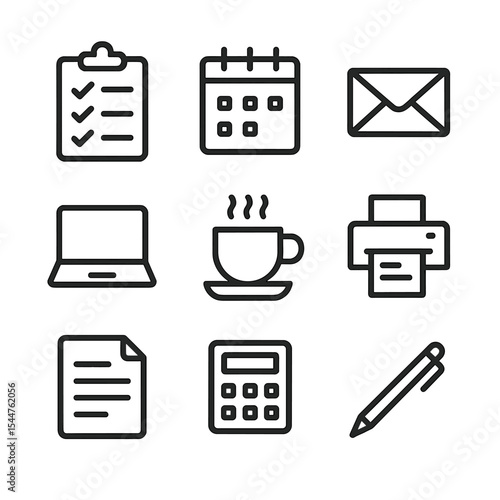 Administrative Task Icons. Outline icon set of administrative task aid: clipboard checklist, calendar, envelope, laptop, coffee