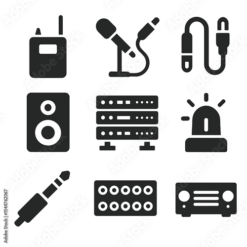 Audio Equipment Icons. Solid, filled icons set of backstage audio equipment: wireless mic pack, boom mic, XLR