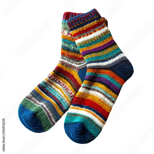 A pair of colorful striped knitted socks with blue heels and toes on a black background on transparent background