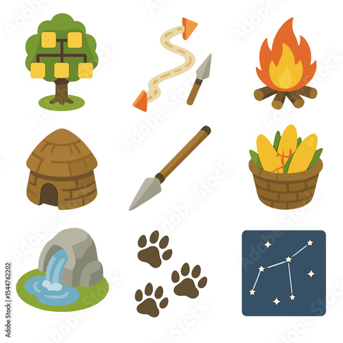 Ancestral Story Icons. Isometric Flat icon set of ancestral story motifs: family tree, migration path, sacred fire, dwelling hut,