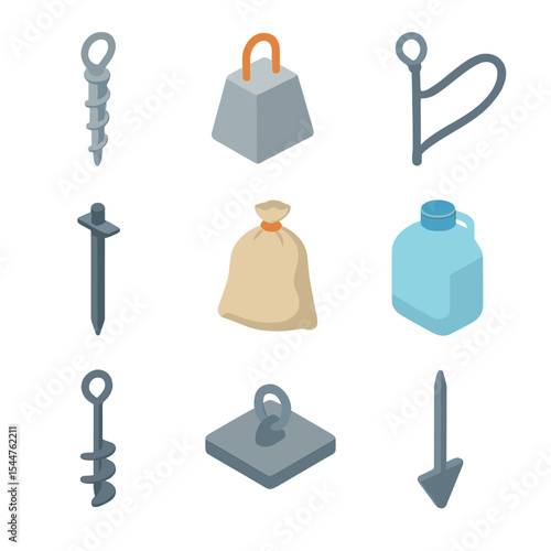 Anchoring Solutions Icons. Isometric Flat icon set of anchoring and foundation solutions: screw-in anchor, concrete bucket anchor,