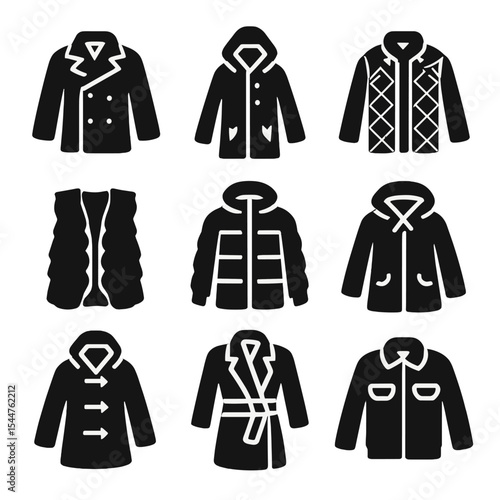 Autumn Outerwear Icons. Solid, filled icons set of autumn outerwear: pea coat, raincoat, quilted jacket, faux