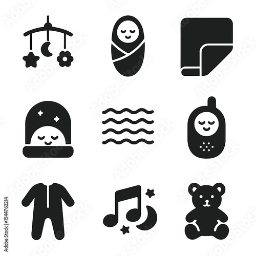 Baby Sleep Essentials Icons. Solid, filled icons set of baby sleep environment: crib mobile, swaddle wrap,