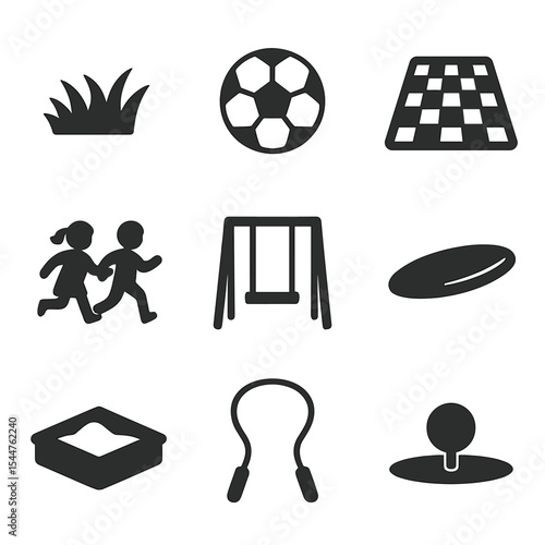 Backyard Play Icons. Solid, filled icons set of backyard play after cleanup: clear lawn, soccer ball, picnic