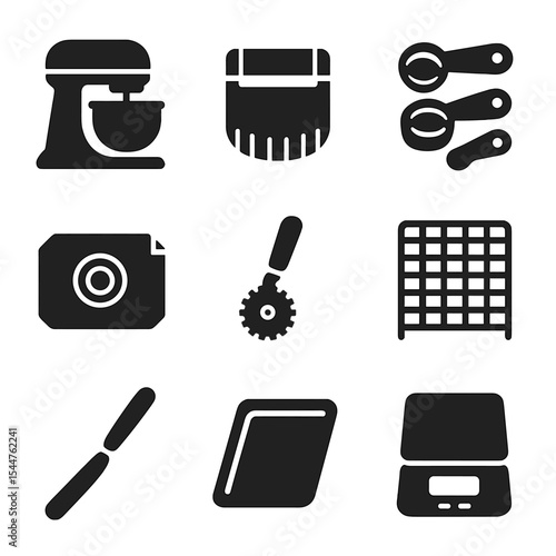 Baking Tools Icons. Solid, filled icons set of baking tools and equipment: stand mixer, pastry cutter,
