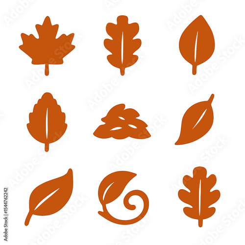 Autumn Leaf Icons. Solid, filled icons set of autumn leaves: maple leaf, oak leaf, golden hue, red foliage,