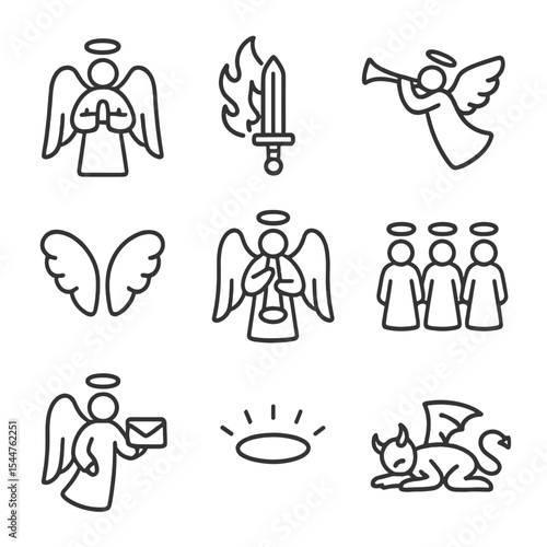 Angelic Icon Set. Outline icon set of Angelic interventions: guardian angel, flaming sword, Gabriel trumpet, cherub wings, angelic