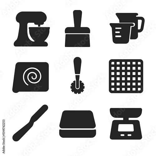 Baking Tools Icons. Solid, filled icons set of baking tools and equipment: stand mixer, pastry cutter,