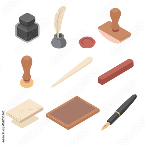 Antique Writing Icons. Isometric Flat icon set of antique writing accessories: ink bottle, quill pen, blotting paper, wax seal