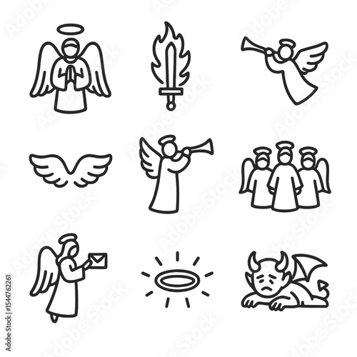 Angelic Icon Set. Outline icon set of Angelic interventions: guardian angel, flaming sword, Gabriel trumpet, cherub wings, angelic