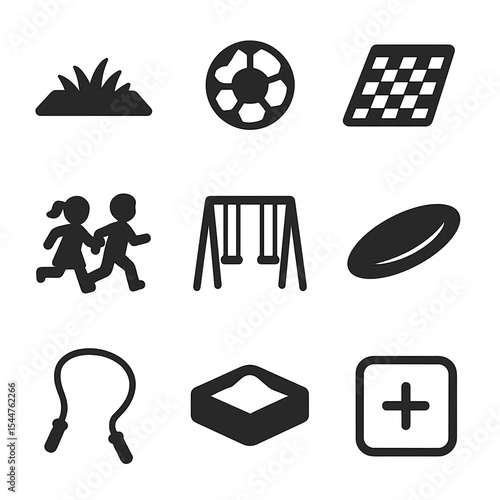 Backyard Play Icons. Solid, filled icons set of backyard play after cleanup: clear lawn, soccer ball, picnic