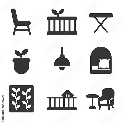 Balcony Living Icons. Solid, filled icons set of balcony and small space living: balcony chair, railing plant,